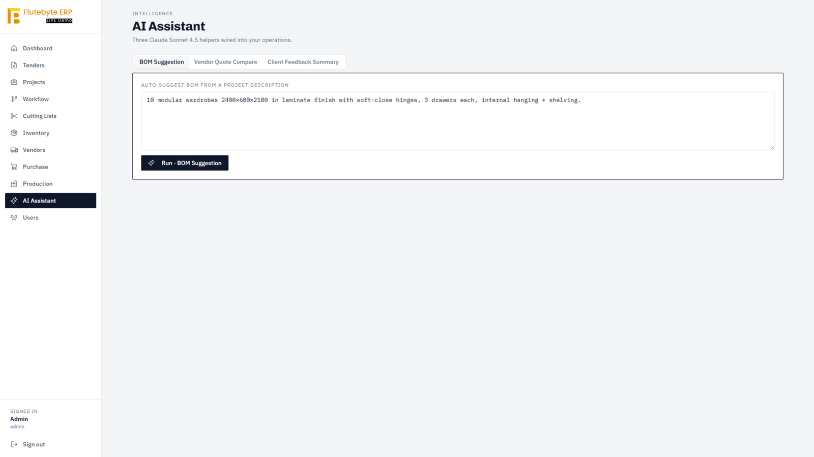 ERP AI assistant screen for checking projects, purchase, inventory and pending work