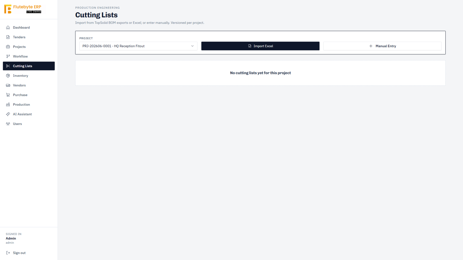 ERP cutting list screen showing project-wise production and material details