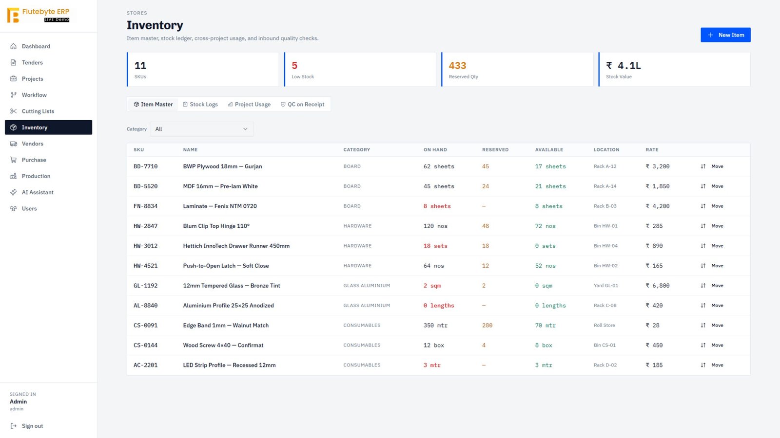 Inventory ERP screen showing item stock, reserved quantity, available quantity, location and rate