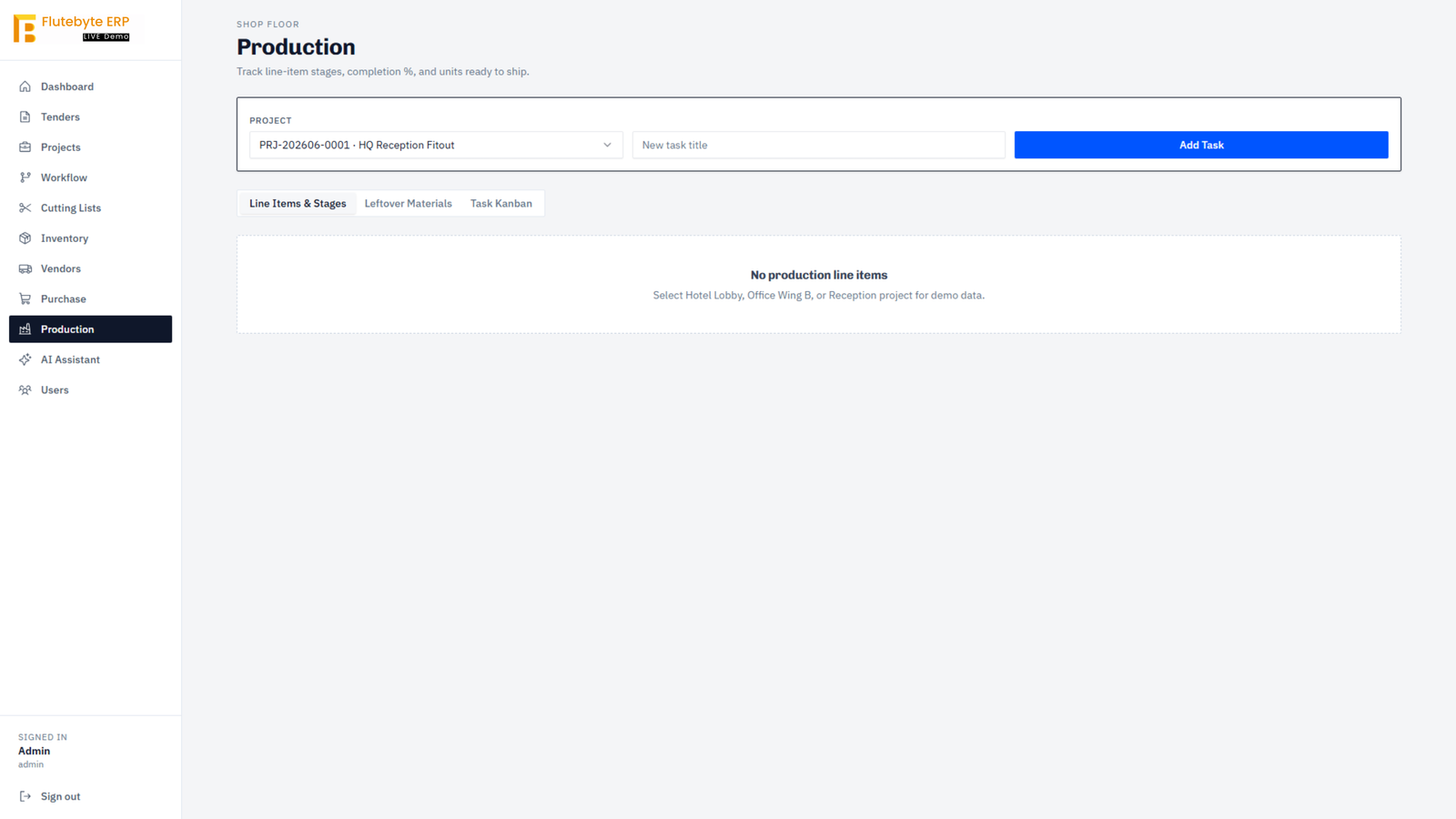 Production ERP screen showing project selection, production tasks, line items, stages and leftover material
