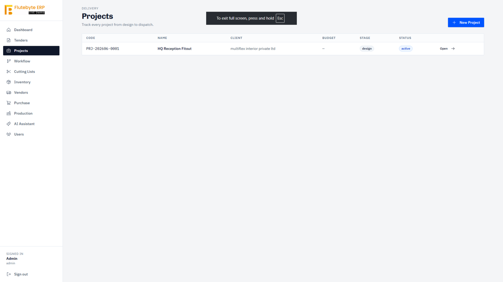 Project management screen showing project code, client, stage and status in Flutebyte ERP