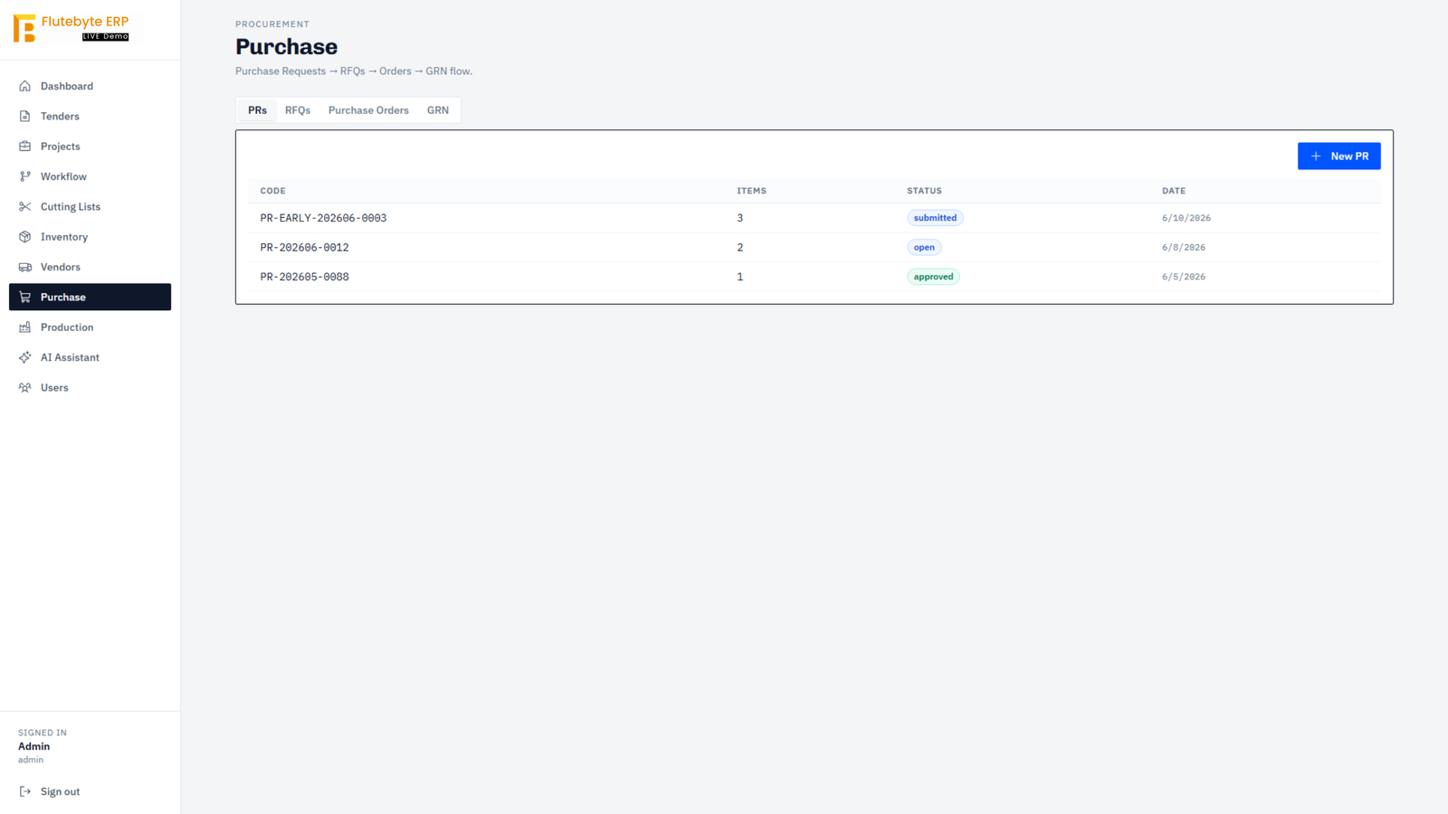 Purchase ERP screen showing purchase requests, RFQs, purchase orders and goods receipt tracking