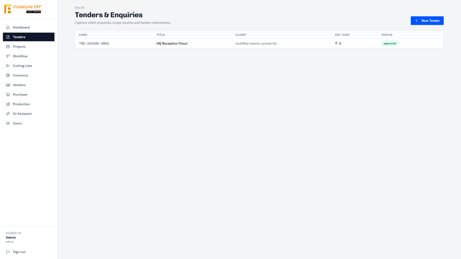Tender management ERP screen showing tender records, project details, submission dates and status