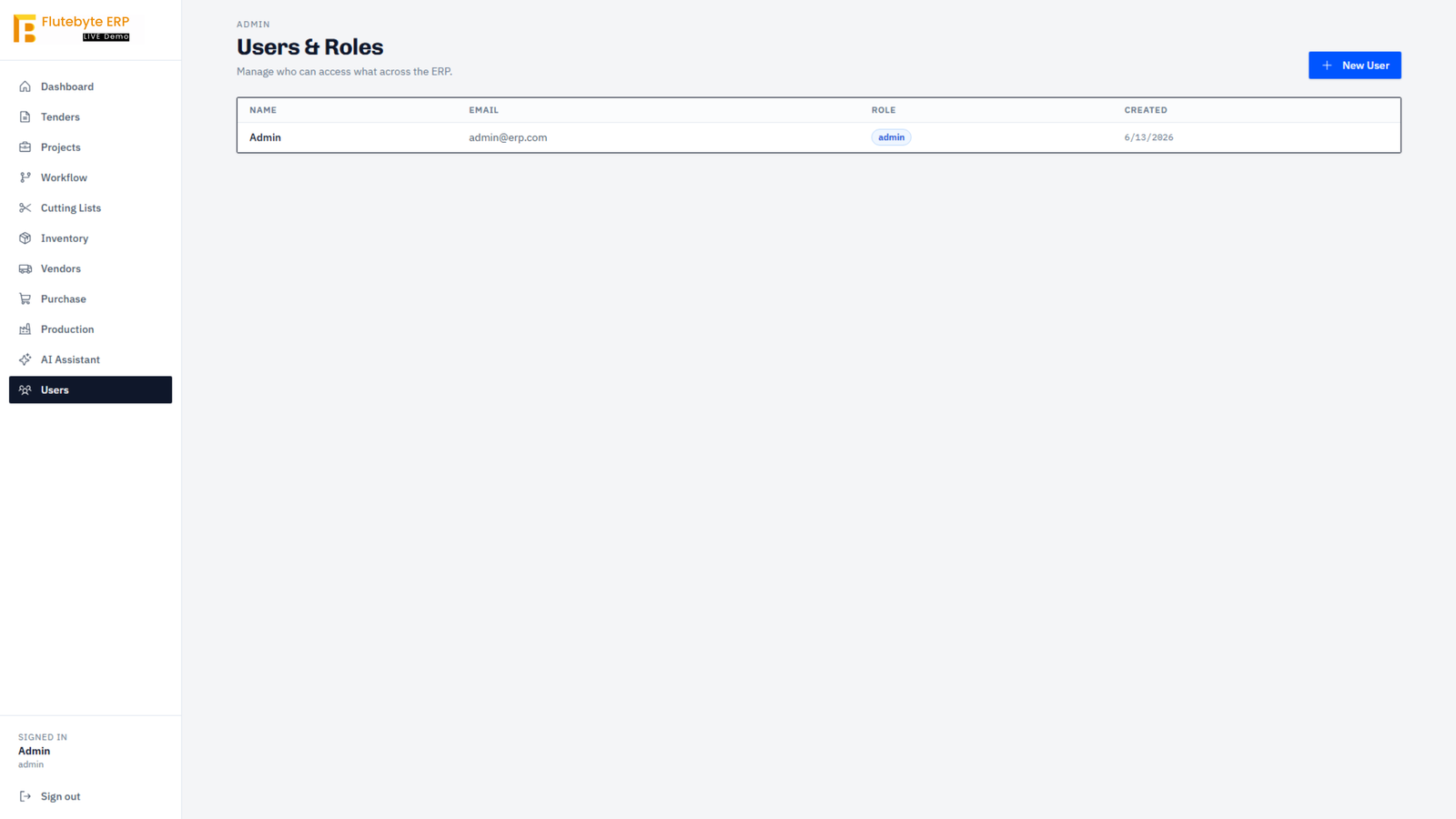 Users and roles ERP screen showing user name, email, role and account creation details