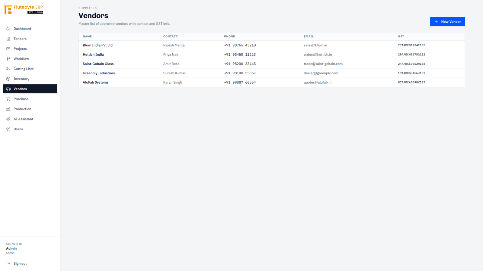 Vendor management ERP screen showing supplier details, contact information and purchase-related records