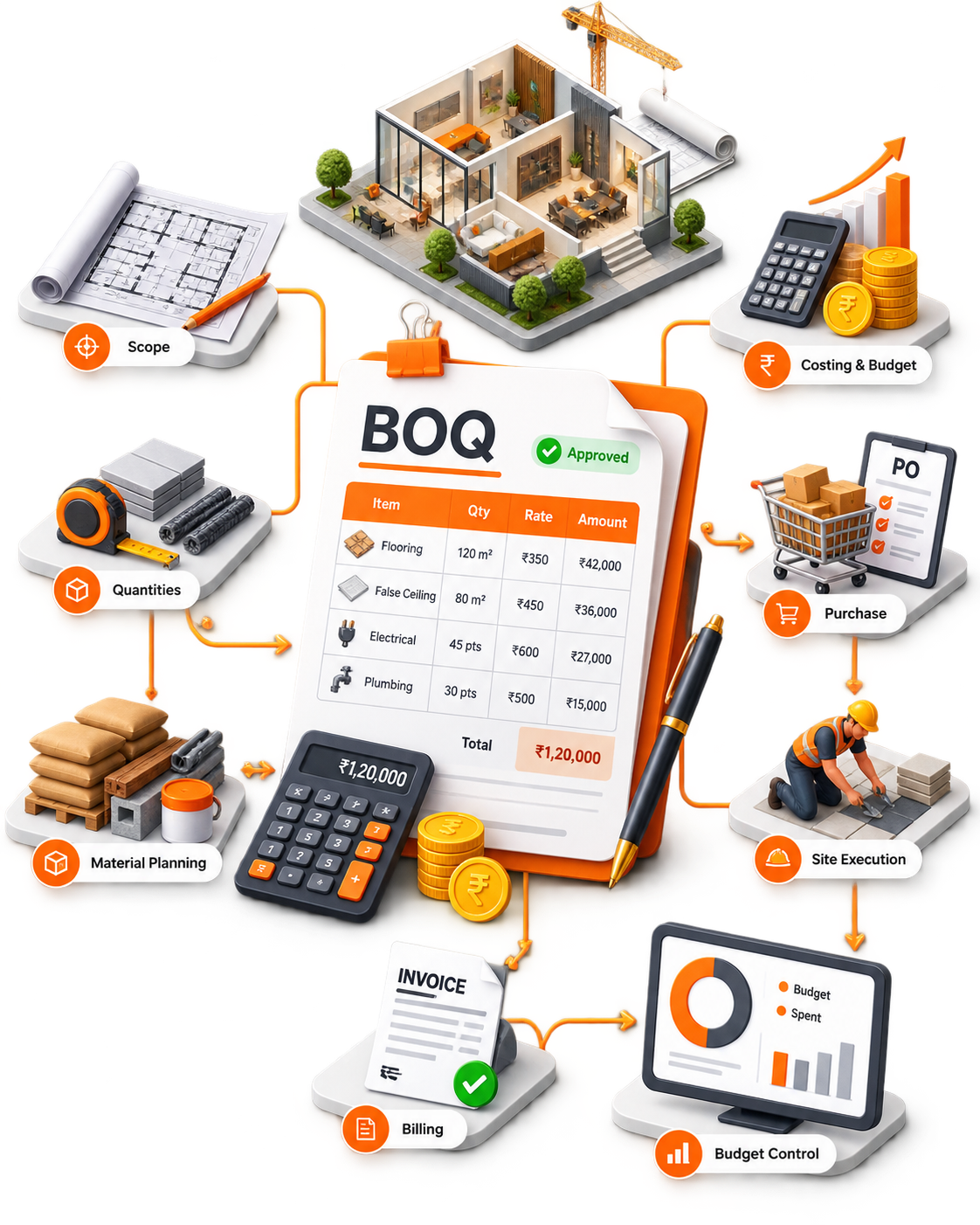 BOQ for turnkey contractors showing project scope, quantities, costing, material planning, purchase, site execution, billing and budget control